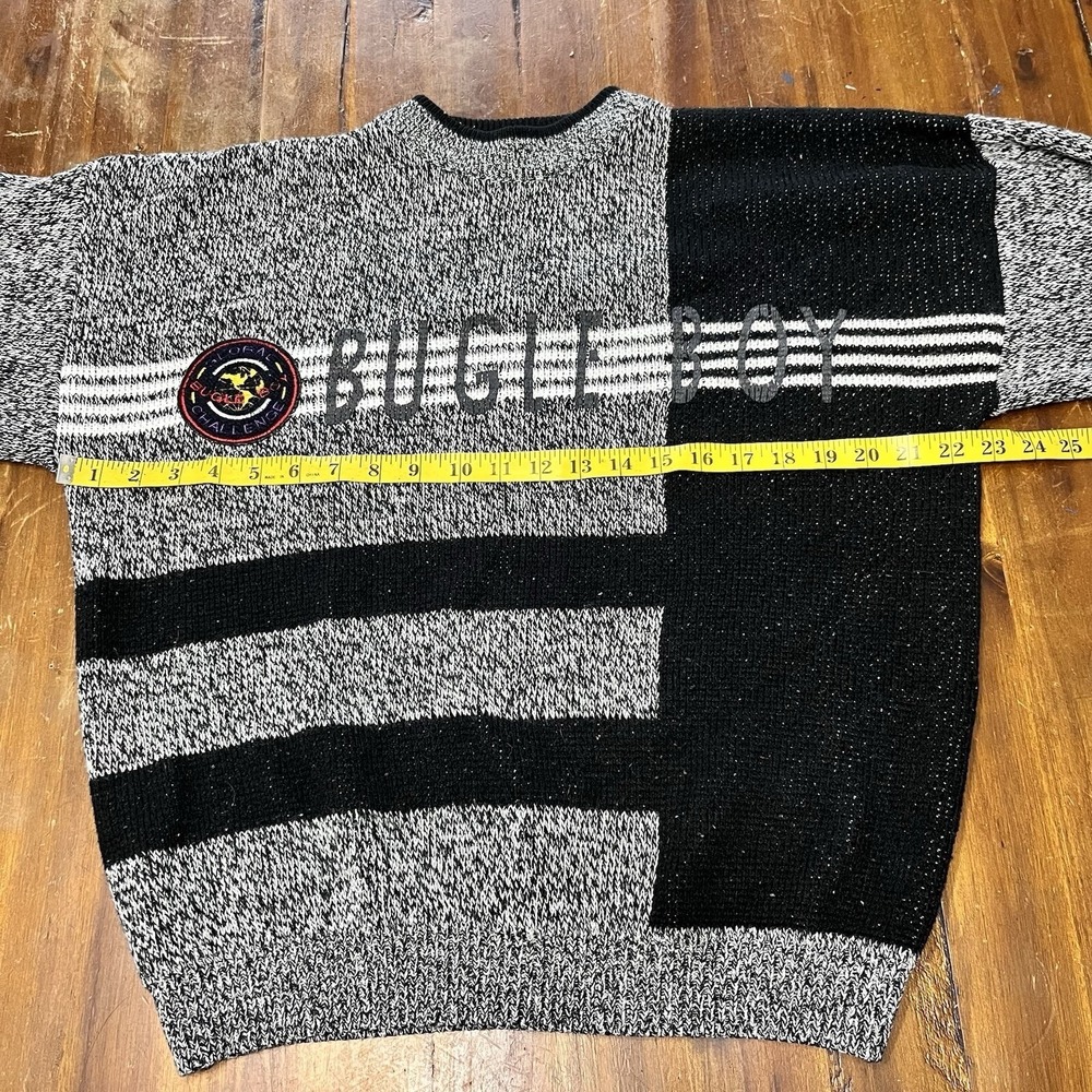 Vintage Bugle Boy Sweater 80s Spell Out Gray Black Block Patch Size Small - Picture 8 of 11